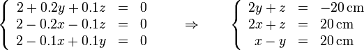 \left\{\begin{array}{rcl} 2+0.2y+0.1z & = & 0 \\ 2-0.2x-0.1z & = & 0 \\ 2-0.1x+0.1y & = & 0\end{array}\right.\qquad\Rightarrow\qquad \left\{\begin{array}{rcl} 2y+z & = & -20\,\mathrm{cm} \\ 2x+z & = & 20\,\mathrm{cm} \\ x-y & = & 20\,\mathrm{cm}  \end{array}\right.