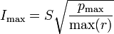 I_\mathrm{max} = S \sqrt{\frac{p_\mathrm{max}}{\max(r)}}