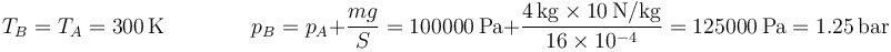 T_B = T_A=300\,\mathrm{K}\qquad\qquad p_B = p_A+\frac{mg}{S}=100000\,\mathrm{Pa}+\frac{4\,\mathrm{kg}\times 10\,\mathrm{N}/\mathrm{kg}}{16\times 10^{-4}}=125000\,\mathrm{Pa}=1.25\,\mathrm{bar}