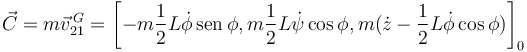 
\vec{C} = m\vec{v}^{\,G}_{21}  
=
\left[
-m\dfrac{1}{2}L\dot{\phi}\,\mathrm{sen}\,\phi,
m\dfrac{1}{2}L\dot{\psi}\cos\phi,
m(\dot{z}-\dfrac{1}{2}L\dot{\phi}\cos\phi)
\right]_0
