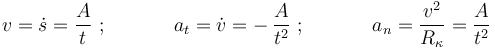 v=\dot{s}=\frac{A}{t}\,\,;\,\,\,\,\,\,\,\,\,\,\,\,\,\,\,\,\,\,\,\,a_t=\dot{v}=-\,\frac{A}{t^2}\,\,;\,\,\,\,\,\,\,\,\,\,\,\,\,\,\,\,\,\,\,\,a_n=\frac{v^2}{R_{\kappa}}=\frac{A}{t^2}