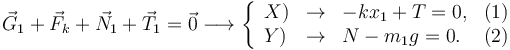 
\vec{G}_1 + \vec{F}_k + \vec{N}_1 + \vec{T}_1 = \vec{0}
\longrightarrow
\left\{
\begin{array}{lcll}
X) & \to & -kx_1 + T = 0, & (1)\\
Y) & \to & N-m_1g = 0. & (2)
\end{array}
\right.
