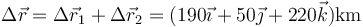 \Delta\vec{r}=\Delta\vec{r}_1+\Delta\vec{r}_2=(190\vec{\imath}+50\vec{\jmath}+220\vec{k})\mathrm{km}