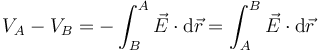 V_A-V_B = -\int_B^A \vec{E}\cdot\mathrm{d}\vec{r}=\int_A^B\vec{E}\cdot\mathrm{d}\vec{r}