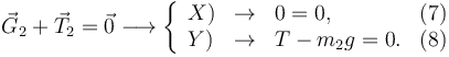 
\vec{G}_2 + \vec{T}_2 = \vec{0}
\longrightarrow
\left\{
\begin{array}{lcll}
X) & \to & 0 = 0, & (7)\\
Y) & \to & T-m_2g = 0. & (8)
\end{array}
\right.
