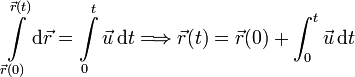 
  \int\limits_{\vec{r}(0)}^{\vec{r}(t)} \mathrm{d}\vec{r} = \int\limits_0^t\vec{u}\,\mathrm{d} t
  \Longrightarrow
  \vec{r}(t) = \vec{r}(0) + \int_0^t\vec{u}\,\mathrm{d} t
