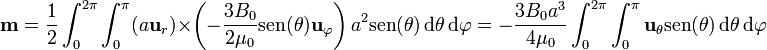 
\mathbf{m}=\frac{1}{2}\int_0^{2\pi}\int_0^\pi (a\mathbf{u}_r)\times\left(-\frac{3B_0}{2\mu_0}\mathrm{sen}(\theta)\mathbf{u}_\varphi\right)a^2\mathrm{sen}(\theta)\,\mathrm{d}\theta\,\mathrm{d}\varphi = -\frac{3B_0a^3}{4\mu_0}\int_0^{2\pi}\int_0^\pi\mathbf{u}_\theta\mathrm{sen}(\theta)\,\mathrm{d}\theta\,\mathrm{d}\varphi