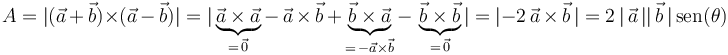 
A=|(\vec{a}\,+\,\vec{b})\times(\vec{a}\,-\,\vec{b})|=|\underbrace{\vec{a}\times\vec{a}}_{=\,\vec{0}}-\,\vec{a}\,\times\,\vec{b}\,+\,\underbrace{\vec{b}\times\vec{a}}_{=\,-\vec{a}\times\vec{b}}-\,\underbrace{\vec{b}\times\vec{b}}_{=\,\vec{0}}|=|-2\,\vec{a}\,\times\,\vec{b}\,|=2\,|\,\vec{a}\,||\,\vec{b}\,|\,\mathrm{sen}(\theta)
