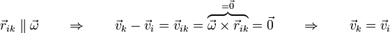 \vec{r}_{ik}\parallel\vec{\omega}\qquad\Rightarrow\qquad\vec{v}_k-\vec{v}_i=\vec{v}_{ik}=\overbrace{\vec{\omega}\times\vec{r}_{ik}}^{=\vec{0}}=\vec{0} \qquad\Rightarrow\qquad \vec{v}_k=\vec{v}_i