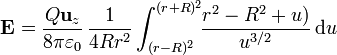 \mathbf{E}= \frac{Q\mathbf{u}_z}{8\pi\varepsilon_0}\,\frac{1}{4Rr^2}\int_{(r-R)^2}^{(r+R)^2}\!\!\frac{r^2-R^2+u)}{u^{3/2}}\,\mathrm{d}u