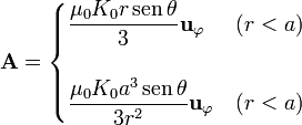 \mathbf{A}=\begin{cases}\displaystyle\frac{\mu_0K_0r\,\mathrm{sen}\,\theta}{3}\mathbf{u}_\varphi & (r < a) \\ & \\\displaystyle\frac{\mu_0K_0a^3\,\mathrm{sen}\,\theta}{3r^2}\mathbf{u}_\varphi & (r < a) \end{cases}