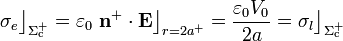 \sigma_e\big\rfloor_{\Sigma_\mathrm{c}^+}=\varepsilon_0\ \mathbf{n}^+\cdot\mathbf{E}\big\rfloor_{r=2a^+}=\frac{\varepsilon_0V_0}{2a}=\sigma_l\big\rfloor_{\Sigma_\mathrm{c}^+}