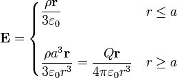 \mathbf{E} = \begin{cases}\displaystyle\frac{\rho \mathbf{r}}{3\varepsilon_0} & r\leq a \\ & \\
\displaystyle\frac{\rho a^3 \mathbf{r}}{3\varepsilon_0 r^3} = \displaystyle\frac{Q\mathbf{r}}{4\pi\varepsilon_0 r^3} & r\geq a\end{cases}