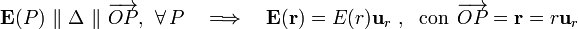 \mathbf{E}(P)\ \|\ \Delta\ \|\ \overrightarrow{OP}\mathrm{,}\;\;\forall\, P\quad\Longrightarrow\quad\mathbf{E}(\mathbf{r})=E(r) \mathbf{u}_r\ \mathrm{,}\;\ \,\mathrm{con}\,\;\overrightarrow{OP}=\mathbf{r}=r\mathbf{u}_r