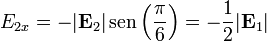 E_{2x} = -|\mathbf{E}_2|\,\mathrm{sen}\left(\frac{\pi}{6}\right) = -\frac{1}{2}|\mathbf{E}_1|