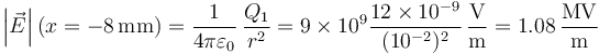 \left|\vec{E}\right|(x=-8\,\mathrm{mm}) = \frac{1}{4\pi\varepsilon_0}\,\frac{Q_1}{r^2}=9\times 10^9\frac{12\times 10^{-9}}{(10^{-2})^2}\,\frac{\mathrm{V}}{\mathrm{m}} = 1.08\,\frac{\mathrm{MV}}{\mathrm{m}}