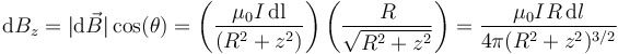 \mathrm{d}B_z = |\mathrm{d}\vec{B}|\cos(\theta) = \left(\frac{\mu_0I\,\mathrm{dl}}{(R^2+z^2)}\right)\left(\frac{R}{\sqrt{R^2+z^2}}\right)=\frac{\mu_0IR\,\mathrm{d}l}{4\pi(R^2+z^2)^{3/2}}