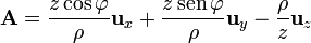 \mathbf{A} = \frac{z\cos\varphi}{\rho}\mathbf{u}_{x}+ \frac{z\,\mathrm{sen}\,\varphi}{\rho}\mathbf{u}_{y} - \frac{\rho}{z}\mathbf{u}_{z}