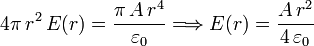 
4\pi\,r^2\,E(r) = \dfrac{\pi\,A\,r^4}{\varepsilon_0}
\Longrightarrow
E(r) = \dfrac{A\,r^2}{4\,\varepsilon_0}
