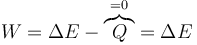 W=\Delta E - \overbrace{Q}^{=0}=\Delta E