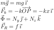 
\begin{array}{l}
m\vec{g} = mg\,\vec{\imath}\\
\vec{F}_k = -k\overrightarrow{OP} = -kx\,\vec{\imath}\\
\vec{\Phi} = N_y\,\vec{\jmath} + N_z\,\vec{k}\\
\vec{F}_R = f\,\vec{\imath}
\end{array}
