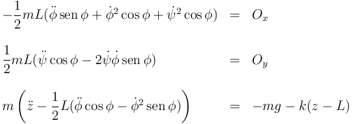
\begin{array}{lcl}
-\dfrac{1}{2}mL(\ddot{\phi}\,\mathrm{sen}\,\phi +  \dot{\phi}^2\cos\phi + \dot{\psi}^2\cos\phi) 
&=& O_x\\
&&\\
\dfrac{1}{2}mL(\ddot{\psi}\cos\phi - 2\dot{\psi}\dot{\phi}\,\mathrm{sen}\,\phi)
&=& O_y\\
&&\\
 m\left(\ddot{z}-\dfrac{1}{2}L(\ddot{\phi}\cos\phi - \dot{\phi}^2\,\mathrm{sen}\,\phi)\right)
&=& -mg - k(z-L)
\end{array}
