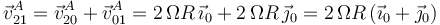 
\vec{v}^{A}_{21}=\vec{v}^{A}_{20}+\vec{v}^{A}_{01}=2\,\Omega R\,\vec{\imath}_0+2\,\Omega R\,\vec{\jmath}_0=2\,\Omega R\,(\vec{\imath}_0+\vec{\jmath}_0)
