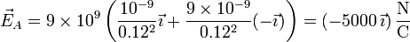 \vec{E}_A=9\times 10^9\left(\frac{10^{-9}}{0.12^2}\vec{\imath}+\frac{9\times 10^{-9}}{0.12^2}(-\vec{\imath})\right)=\left(-5000\,\vec{\imath}\right)\frac{\mathrm{N}}{\mathrm{C}}