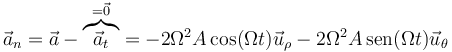 \vec{a}_n = \vec{a}-\overbrace{\vec{a}_t}^{=\vec{0}} = -2\Omega^2 A\cos(\Omega t)\vec{u}_\rho-2\Omega^2 A\,\mathrm{sen}(\Omega t)\vec{u}_\theta