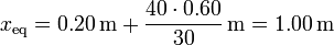 x_\mathrm{eq}=0.20\,\mathrm{m}+\frac{40\cdot 0.60}{30}\,\mathrm{m}=1.00\,\mathrm{m}