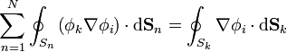 \sum_{n=1}^N\oint_{S_n}\left(\phi_k\nabla\phi_i\right)\cdot\mathrm{d}\mathbf{S}_n = \oint_{S_k}\nabla\phi_i\cdot\mathrm{d}\mathbf{S}_k