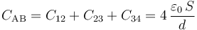 C_\mathrm{AB}=C_{12}+C_{23}+C_{34}=4\!\ \frac{\varepsilon_0\!\ S}{d}