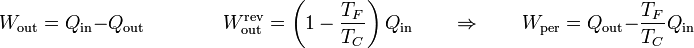W_\mathrm{out} = Q_\mathrm{in}-Q_\mathrm{out}\qquad\qquad W_\mathrm{out}^\mathrm{rev}=\left(1-\frac{T_F}{T_C}\right)Q_\mathrm{in}\qquad\Rightarrow\qquad W_\mathrm{per} = Q_\mathrm{out}-\frac{T_F}{T_C}Q_\mathrm{in}