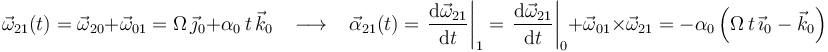 \vec{\omega}_{21}(t)=\vec{\omega}_{20}+\vec{\omega}_{01}=\Omega\,\vec{\jmath}_0+\alpha_0\,t\,\vec{k}_0\,\,\,\,\,\longrightarrow\,\,\,\,\,\vec{\alpha}_{21}(t)=\left.\frac{\mathrm{d}\vec{\omega}_{21}}{\mathrm{d}t}\right|_1=\left.\frac{\mathrm{d}\vec{\omega}_{21}}{\mathrm{d}t}\right|_0+\vec{\omega}_{01}\times\vec{\omega}_{21}=-\alpha_0\left(\Omega\,t\,\vec{\imath}_0-\vec{k}_0\right)