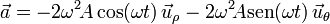 \vec{a} = -2\omega^{2}\! A\cos(\omega t)\,\vec{u}_{\rho}-2\omega^{2}\! A\mathrm{sen}(\omega t)\,\vec{u}_{\theta}