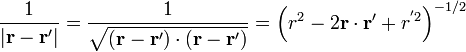 \frac{1}{|\mathbf{r}-\mathbf{r}'|}=\frac{1}{\sqrt{(\mathbf{r}-\mathbf{r}')\cdot(\mathbf{r}-\mathbf{r}')}}=\left(r^2-2\mathbf{r}\cdot\mathbf{r}'+r^{'2}\right)^{-1/2}