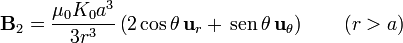 \mathbf{B}_2=\frac{\mu_0K_0a^3}{3r^3}\left(2\cos\theta\,\mathbf{u}_r+\,\mathrm{sen}\,\theta\,\mathbf{u}_\theta\right)\qquad(r>a)