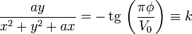 \frac{ay}{x^2+y^2+ax}=-\,\mathrm{tg}\,\left(\frac{\pi\phi}{V_0}\right)\equiv k