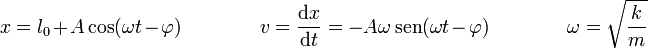 x = l_0 + A\cos(\omega t-\varphi)\qquad\qquad v=\frac{\mathrm{d}x}{\mathrm{d}t}=-A\omega\,\mathrm{sen}(\omega t-\varphi)\qquad\qquad\omega = \sqrt{\frac{k}{m}}