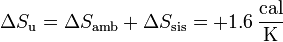 \Delta S_\mathrm{u}=\Delta S_\mathrm{amb}+\Delta S_\mathrm{sis} = +1.6\,\frac{\mathrm{cal}}{\mathrm{K}}