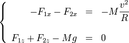 \left\{\begin{array}{rcl}-F_{1x} - F_{2x} & = & \displaystyle -M\frac{v^2}{R} \\ && \\ F_{1z}+F_{2z}-Mg & = & 0 \end{array}\right.