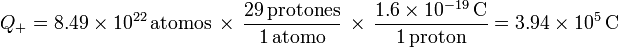 
Q_+ = 8.49\times10^{22}\,\mathrm{atomos}
\,\times\,
\dfrac{29\,\mathrm{protones}}{1\,\mathrm{atomo}}
\,\times\,
\dfrac{1.6\times10^{-19}\,\mathrm{C}}{1\,\mathrm{proton}}
=
3.94\times10^5\,\mathrm{C}
