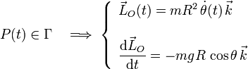 P(t)\in\Gamma \quad \Longrightarrow\;\left\{\begin{array}{l}\vec{L}_O(t)=mR^2\!\ \dot{\theta}(t)\!\ \vec{k}\\ \\ \displaystyle
\frac{\mathrm{d}\vec{L}_O}{\mathrm{d}t}=-mgR\!\ \cos\theta\!\ \vec{k}
\end{array}\right. 