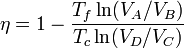 \eta = 1 - \frac{T_f\ln(V_A/V_B)}{T_c\ln(V_D/V_C)}