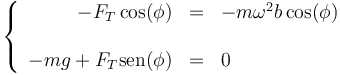 \left\{\begin{array}{rcl}-F_T\cos(\phi) & = & -m\omega^2b\cos(\phi) \\ && \\ -mg+F_T\mathrm{sen}(\phi) & = & 0\end{array}\right.