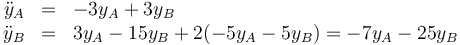 \begin{array}{rcl}
\ddot{y}_A&=&-3y_A+3y_B\\
\ddot{y}_B&=&3y_A-15y_B+2(-5y_A-5y_B)=-7y_A-25y_B
\end{array}