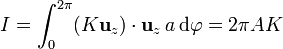 I = \int_0^{2\pi}(K\mathbf{u}_z)\cdot\mathbf{u}_z\,a\,\mathrm{d}\varphi = 2\pi A K