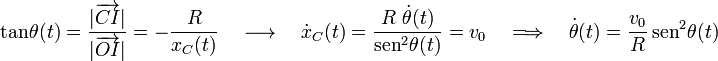 \mathrm{tan}\!\ \theta (t)=\frac{|\overrightarrow{CI}|}{|\overrightarrow{OI}|}=-\frac{R}{x_C(t)}\quad\longrightarrow\quad\dot{x}_C(t)=\frac{R\ \dot{\theta}(t)}{\mathrm{sen}^2\theta(t)}=v_0\quad\Longrightarrow\quad\dot{\theta}(t)=\frac{v_0}{R}\ \mathrm{sen}^2\theta(t)
