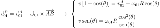 
\vec{v}^{\, B}_{01}=\vec{v}^{\, A}_{01}+\,\vec{\omega}_{01}\times \overrightarrow{AB}\,\,\longrightarrow\,\,
\left\{\begin{array}{l} v\left[1+\mathrm{cos}(\theta)\right]=v^{A}_{01}-\omega_{01}R\,\mathrm{cos}(\theta)
\\ \\ v\,\mathrm{sen}(\theta)=\omega_{01}R\,\displaystyle\frac{\mathrm{cos}^2(\theta)}{\mathrm{sen}(\theta)}
\end{array}\right.
