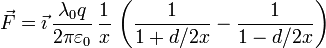 
\vec{F} = \vec{\imath}\,\dfrac{\lambda_0q}{2\pi\varepsilon_0}\,\dfrac{1}{x}\,
\left(\dfrac{1}{1+d/2x} - \dfrac{1}{1-d/2x}\right)
